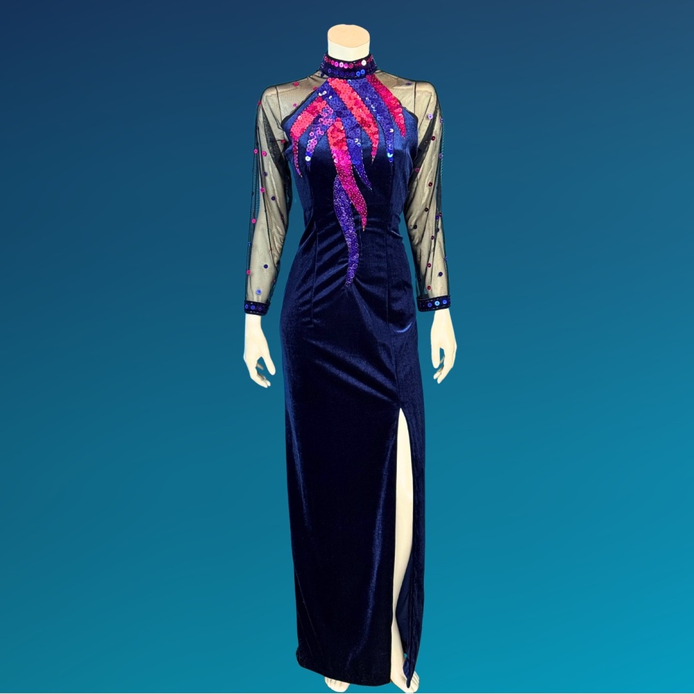 80s Illusion Sleeve Blue stretch Velvet Sequin Flame Formal Patty Dress M